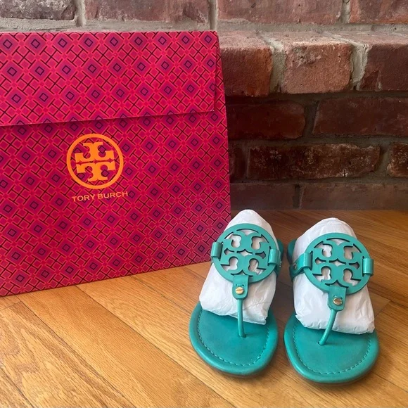 Tory Burch Turquoise Patent Leather Miller Sandals - Picture 2 of 10